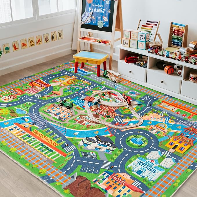 Car Rug Play Mat for Kids Toy Cars, Road Traffic Playmat for Kid Bedroom, Non-Slip Machine Washable Town City Race Track Carpet for Learn and Have Fun 3'x4'/ 36"x48"