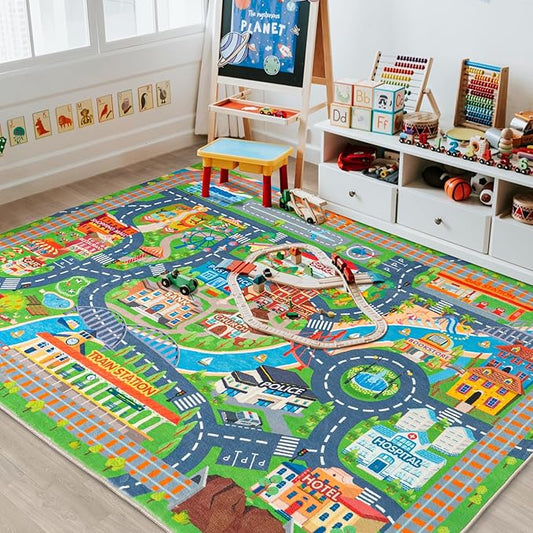 Car Rug Play Mat for Kids Toy Cars, 4 Packs 3'x4'/ 36"x48" Road Traffic Playmat for Kid Bedroom, Non-Slip Machine Washable Town City Race Track Carpet for Learn and Have Fun