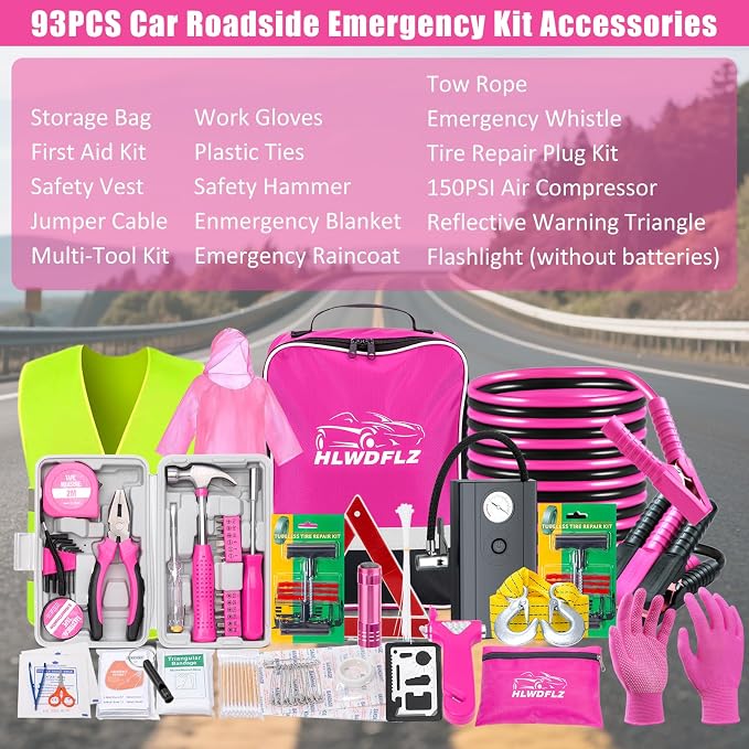 Car Roadside Emergency Kit, Vehicle Truck Safety Emergency Road Side Assistance Kits with Jumper Cables, Auto Air Compressor Tire Inflator, Pink