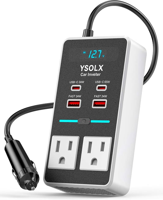 YSOLX 300W 12V to 110V Car Power Inverter | 65W USB-C,4 USB Post,Dual AC Car Plug Adapter Outlet,LED display.Suitable for Car Trips, Camping,Laptop