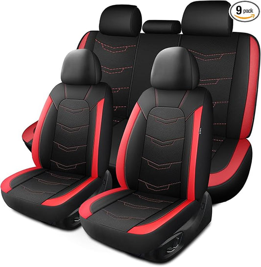 HChengkikz Car Seat Cover, Breathable and Sporty (Black + Red) | Leather, Universal Fit for Most SUVs, Cars, Sedans, Trucks, Airbag Compatible, Easy to Install