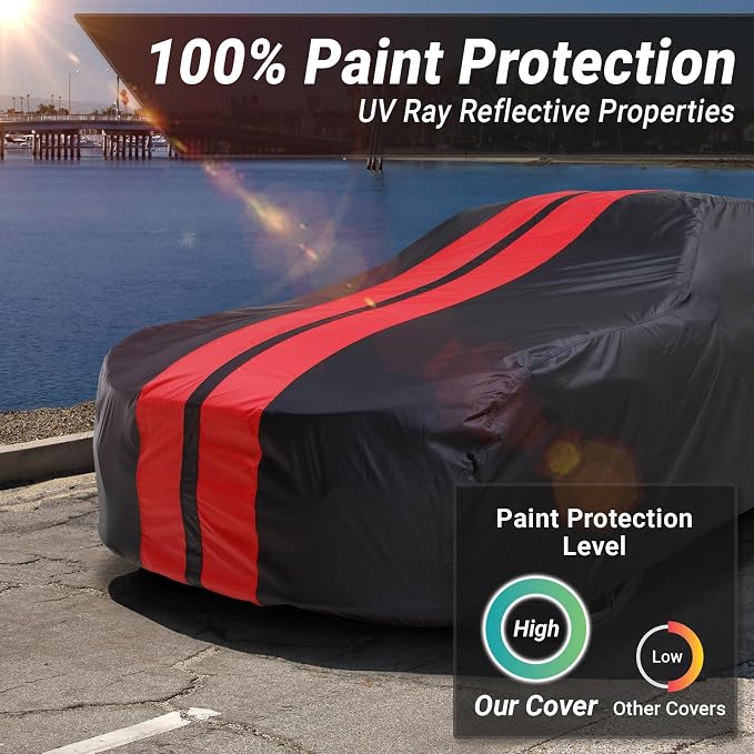 iCarCover Premium Heavy Duty Car Cover - Waterproof All Weather Rain Snow UV Protection, Delta 88, Lesabre, DeVille, Bonneville, Continental, Size C41 (See Size Chart), Stripe - Black/Red