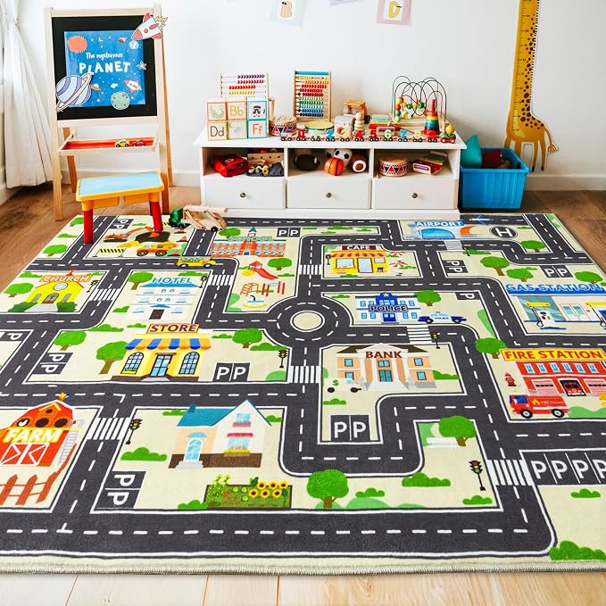 Car Rug Play Mat for Kids Toy Cars, City Road Traffic Playmat for Kid Bedroom, Non-Slip Machine Washable Kids Rugs for Learn and Have Fun 4'x5'/ 48"x60", Beige