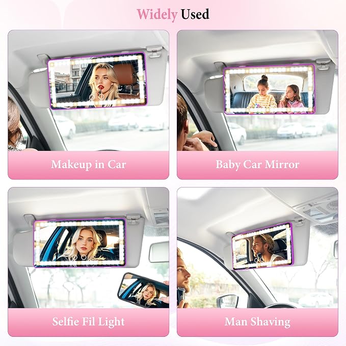 SINGARO Car Sun Visor Vanity Mirror - Rechargeable Makeup Mirror with 60 LEDs, 3 Light Modes & Dimmable Touch Control for Cars, Trucks, SUVs, Car Interior Accessories for Women (Purple)