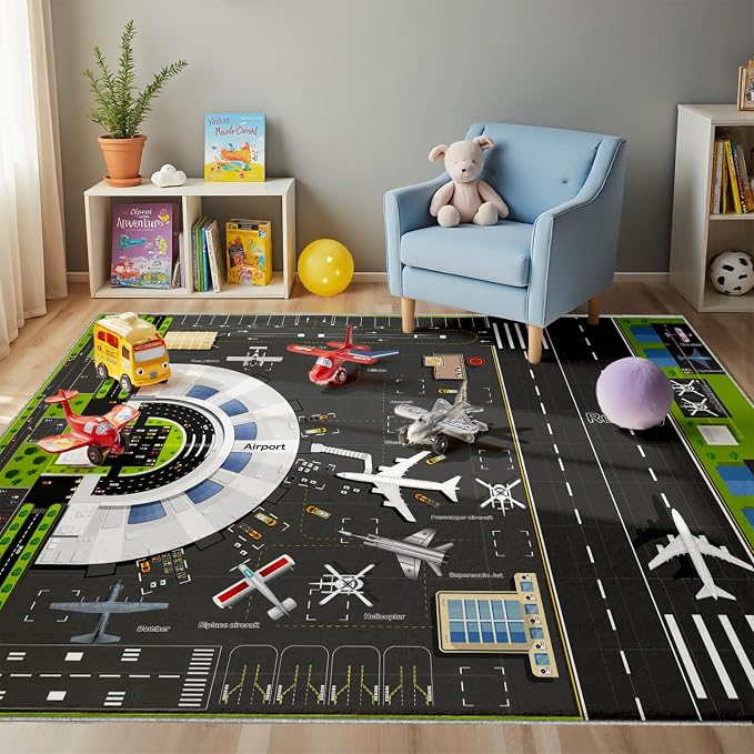Kids Airport Runway Rug, Faux Wool Airplane Map, Non-Slip, 4 x 6 ft | Runway and airplane design; Aviation-themed play; Soft faux wool surface; Non-slip backing; Easy-care finish