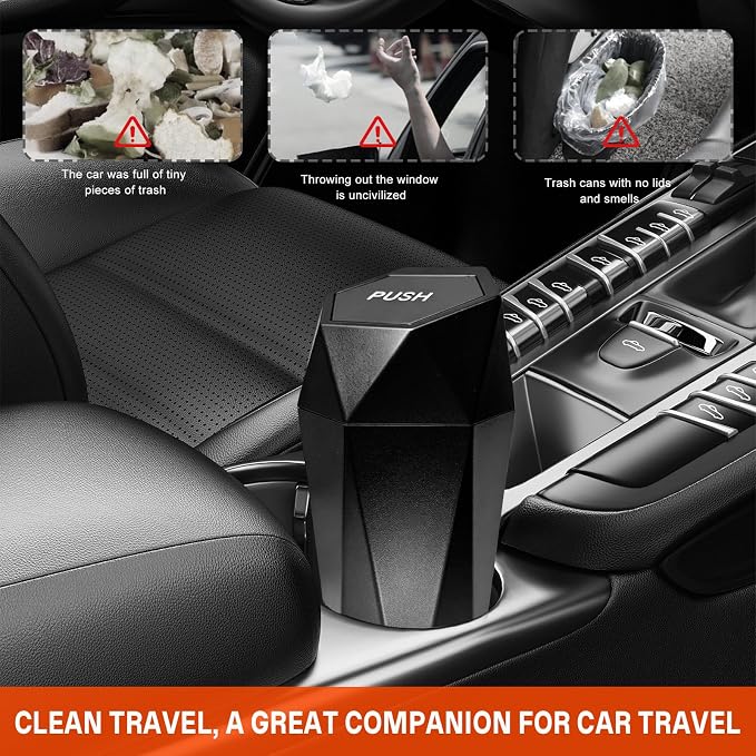Car Trash Can with Lid, Waterproof Diamond Design Auto Cup Holder Trash Bin, Leakproof Mini Garbage Organizer for Vehicle Home Office Kitchen Bedroom, Car Accessories (Black)