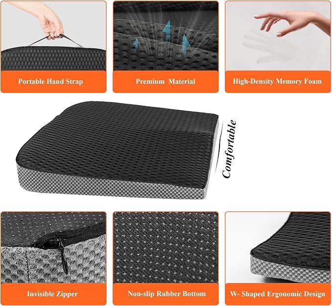 kingphenix Premium Car Seat Cushion, Memory Foam Driver Seat Cushion to Improve Driving View- Coccyx & Lower Back Pain Relief - Seat Cushion for Car, Truck, Office Chair (4D Mesh Classic Black)