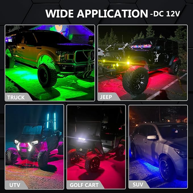 4 Pods RGB LED Rock Lights with Dual Zone Brake, Waterproof Multicolor Underglow Lights Kit for ATV UTV Golf Cart Trucks RZR SXS, Neon Underbody Light with App Remote Control Flashing Music Sync 12V