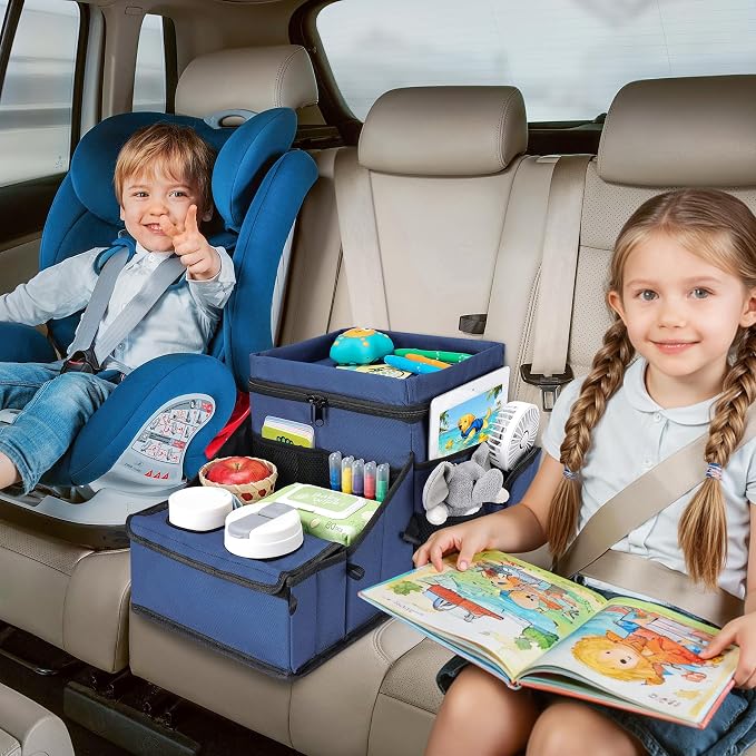 COOLBEBE Car Seat Organizer, Backseat Car Organizer with Cup Holders for Kids and Adults Travel, Cooler Compartment Passenger Seat Organizer Storage Box for Front or Middle Seat, Navy Blue