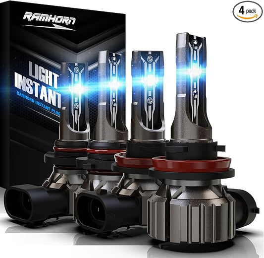 RAMHORN 9005 H11 Light Bulbs Combo, Fanless 300% Brighter HB3 H8 H9, 4 PCS | 1:1 Mini Size, Plug and Play, 6500K White Light