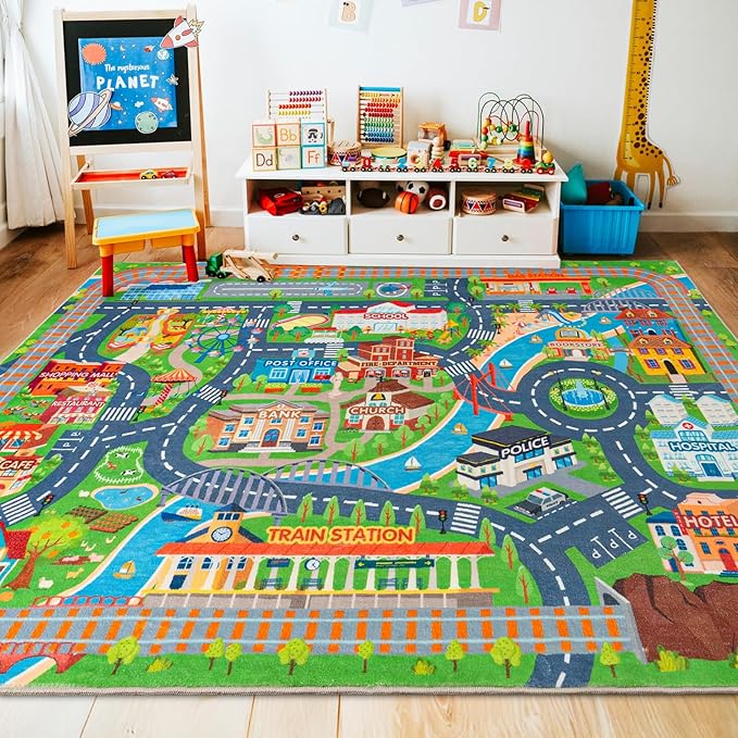 Car Rug Play Mat for Kids Toy Cars, Road Traffic Playmat for Kid Bedroom, Non-Slip Machine Washable Town City Race Track Carpet for Learn and Have Fun 8'x10'/ 96"x120"