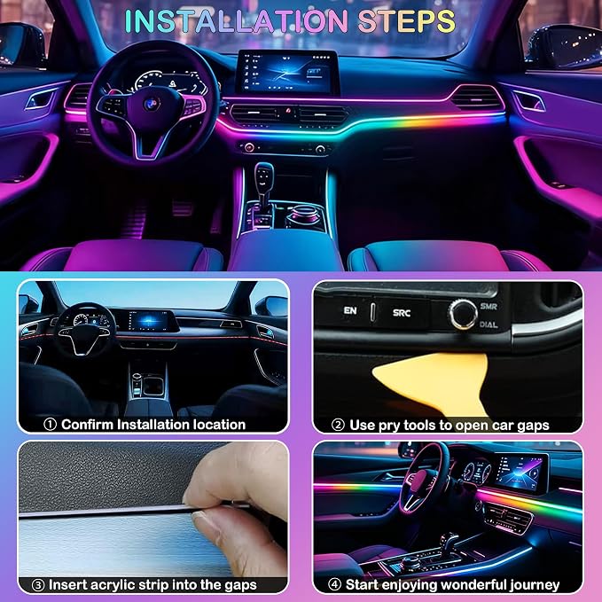 Interior Car LED Strip Lights with Wireless APP, Ambient Lighting Kits with Dynamic Dreamcolor Chasing, 16 Million Colors Acrylic LED Lights for Car, Sound Active Function Car Neon Lights (10 in 1)