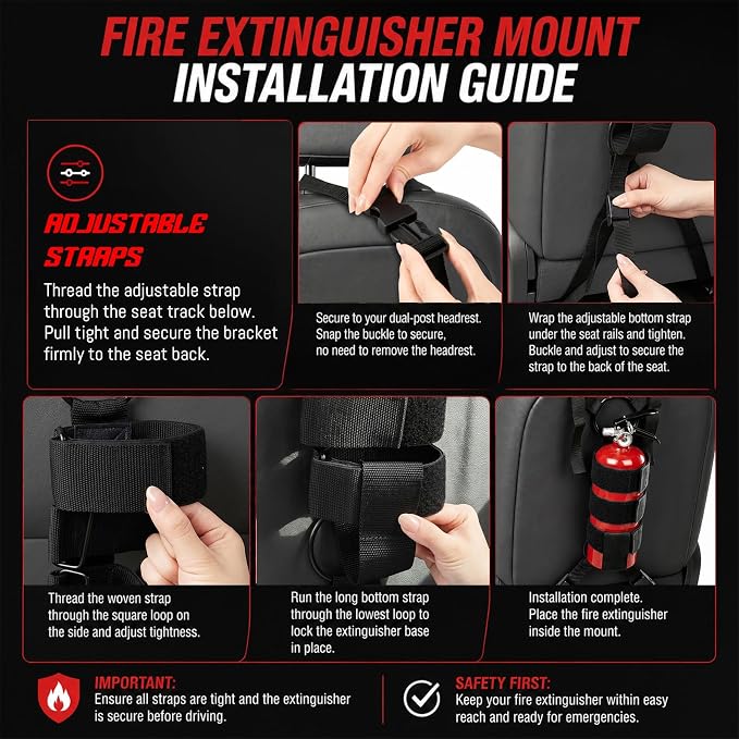 Zonon 1 Pcs Fire Extinguisher Mount for Roll Bars Headrest Seat Rail Roll Cage, Adjustable Heavy Duty Straps, Fits 2.5-3.3 lb, Black for Car Truck SUV ATV Off Road Vehicle