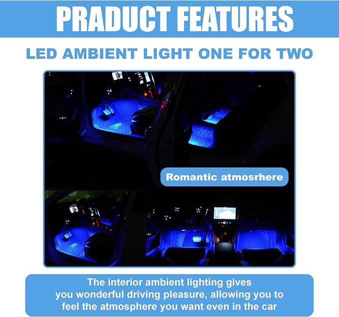 Car LED Strip Light, 48 LED 12V USB Port, Blue | RGB Neon Auto Interior Atmosphere Lights, Under Dash Ambient Night Light, Universal Decorative Lamp Accessory for Car Truck