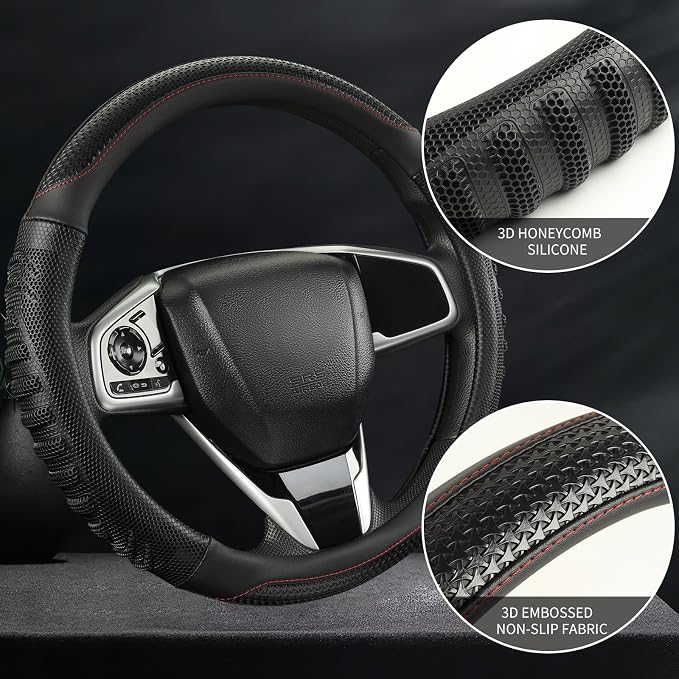 D Shaped Steering Wheel Cover Great Grip with 3D Honeycomb 14 inch | Anti-Slip Silicone Heavy-duty Microfiber Leather Sporty Design, Small 13.5 inch - 14 inch, All Black