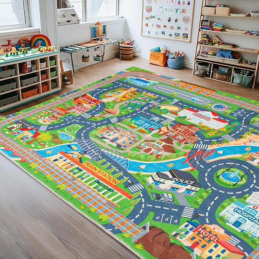 Car Rug Play Mat for Kids Toy Cars, Road Traffic Playmat for Kid Bedroom, Non-Slip Machine Washable Town City Race Track Carpet for Learn and Have Fun 7'x9'/ 84"x108"