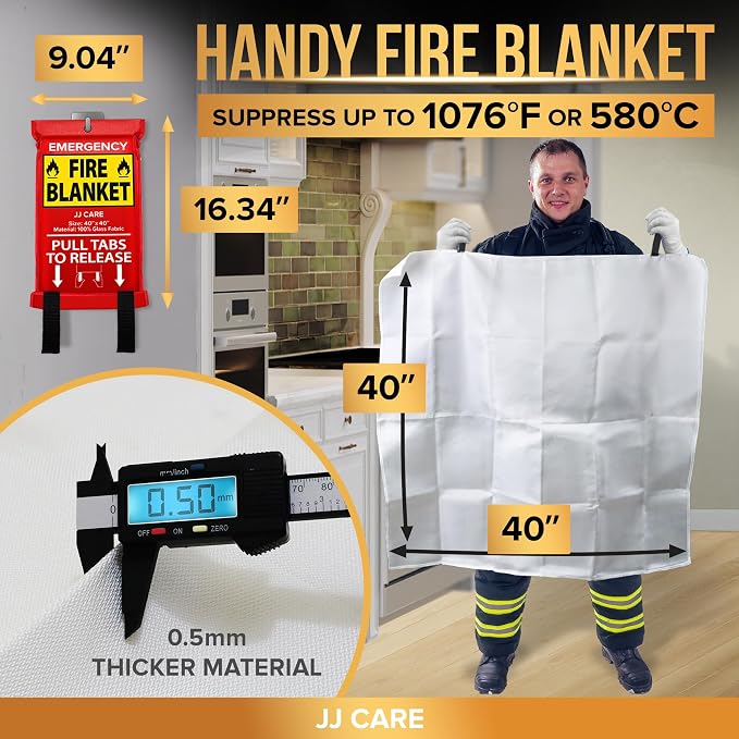JJ CARE Fire Blanket - 40" x 40" [2 Packs with Hooks & Gloves] - Suppression Flame Retardant Emergency Fire Blanket for Camping, Grill, Kitchen, Home, Car, School, Office, Warehouse