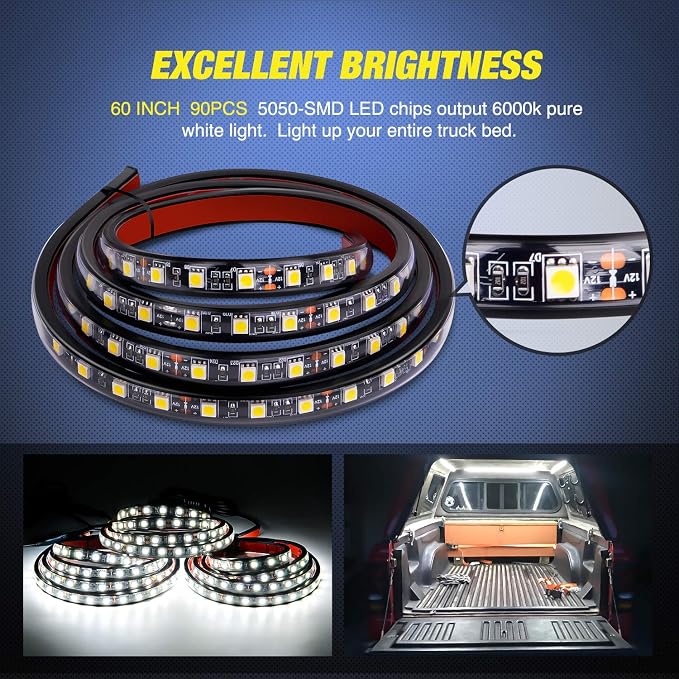 Nilight 3PCS 60 Inch Bed Light Strip 270 LED with On/Off Switch Blade Fuse Splitter Extension Cable for Cargo Pickup Truck SUV RV Boat