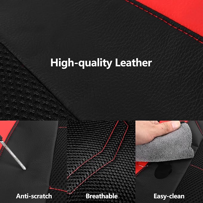 HChengkikz Car Seat Cover, Breathable and Sporty (Black + Red) | Leather, Universal Fit for Most SUVs, Cars, Sedans, Trucks, Airbag Compatible, Easy to Install