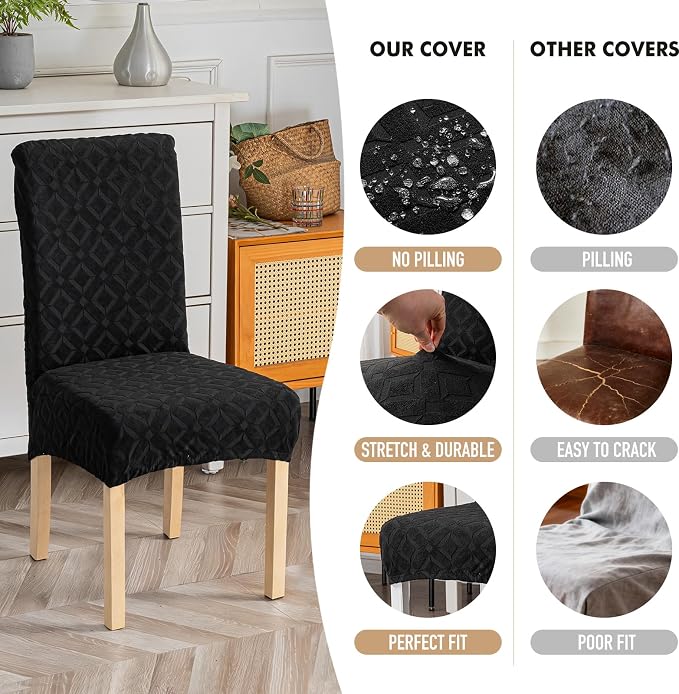 Genina Waterproof Chair Covers for Dining Room Set of 4, Removable Washable Chair Slipcover Protectors, Large Black