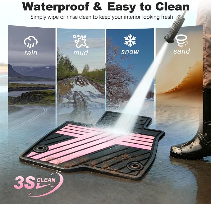 All Weather Rubber Floor Mats for Honda CR-V 2017-2022 (Gasoline & Hybrid) | Custom Fit Heavy Duty Anti-Slip Car Mats for CR-V, 1st & 2nd Row, Black & Pink