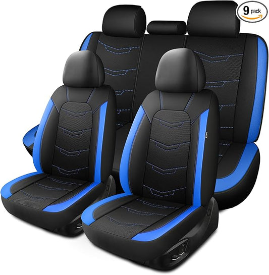 HChengkikz Car Seat Cover, Breathable and Sporty (Black + Blue) | Leather, Universal Fit for Most SUVs, Cars, Sedans, Trucks, Airbag Compatible, Easy to Install