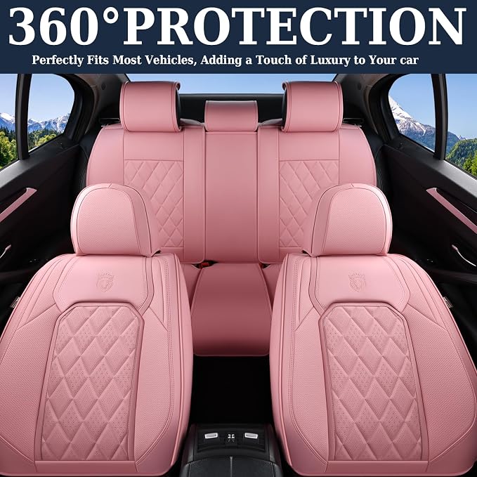 Coverado Car Seat Covers Full Set, Pink Leather Seat Covers for Cars, Universal Waterproof Car Seat Cover, Luxury Front and Back Car Seat Protector, Automotive Seat Covers Fit for Most Cars, Pink