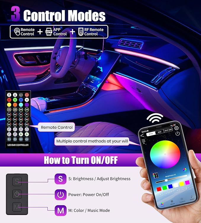 KENANEK 246’’ Acrylic Car Ambient Lighting – Multi-Color 8 LED Light Strips with App, Remote & Control Box, Music-Sync, Dual USB Car Charger, Universal Fit for Cars, SUVs, Trucks (Colorful-0801)