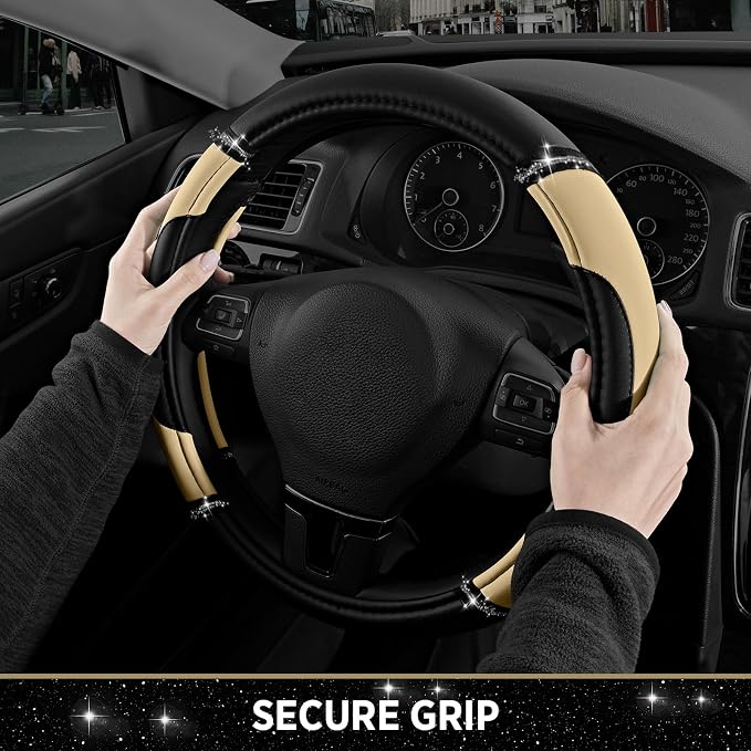 Road Comforts Leather Steering Wheel Cover - Made with PVC Leather - Anti-Slip, Universal Fit 14 1/2 inches to 15 inches - Beige