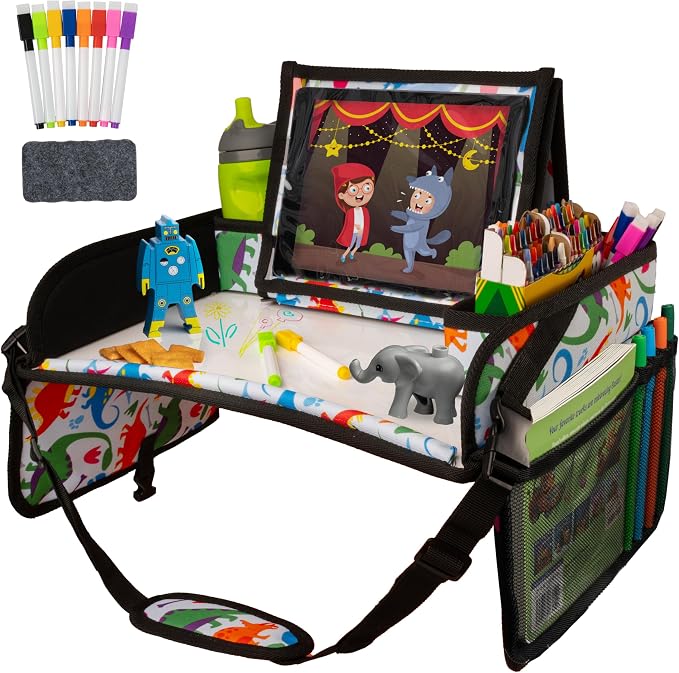 Lusso Gear Kids Car Seat Travel Tray - Dry-Erase Tablet Holder for Road Trip Activities - Cup Holder & Storage for Toddler Travel Essentials - Plane Activity Tray for Airplane Essentials - Dinos