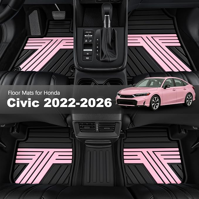 Rubber Floor Mats for Honda Civic Sedan Hatchback Si 2022-2026 | Include Sport but Not for Hybrid, All Weather Car Floor Liners Fit for Acura Integra 2023-2026, 1st & 2nd Row, Black & Pink