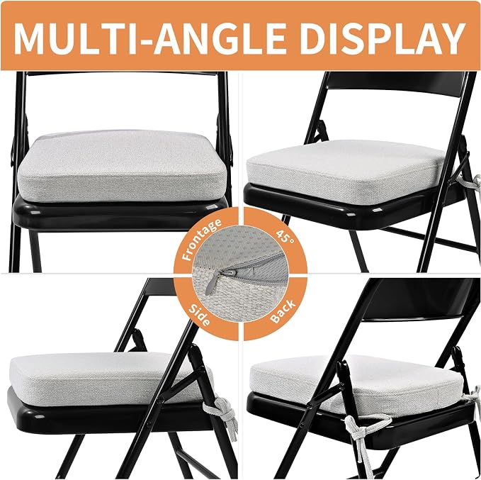 SINOSSO Memory Foam Chair Cushions for Folding Chairs 4 Pack, Thickened 2" Square Pads with Ties for Kitchen Chairs, Indoor Non-Slip Dining Chair Seat Cushions (Set of 4, Beige-Gray)