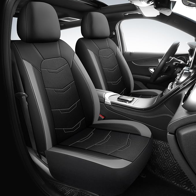 HChengkikz Front Car Seat Cover, Breathable and Sporty (Black + Gray) | Leather, Universal Fit for Most SUVs, Cars, Sedans, Trucks, Airbag Compatible, Easy to Install