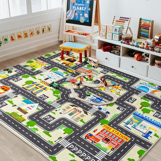Car Rug Play Mat for Kids Toy Cars, City Road Traffic Playmat for Kid Bedroom, Non-Slip Machine Washable Kids Rugs for Learn and Have Fun 3'x4'/ 36"x48", Beige