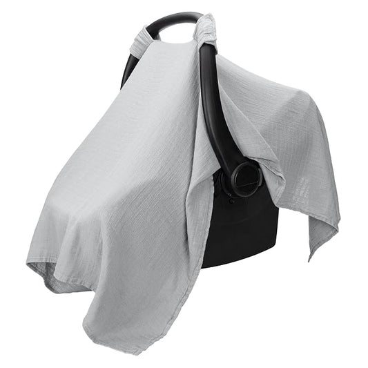 Comfy Cubs Baby Car Seat Cover - Soft, Breathable Bamboo Rayon and Muslin Cotton Blend - Lightweight Canopy for Sun, Bug, and Comfort Protection - Large Size Infant Seat Cover in Heather Blue Design