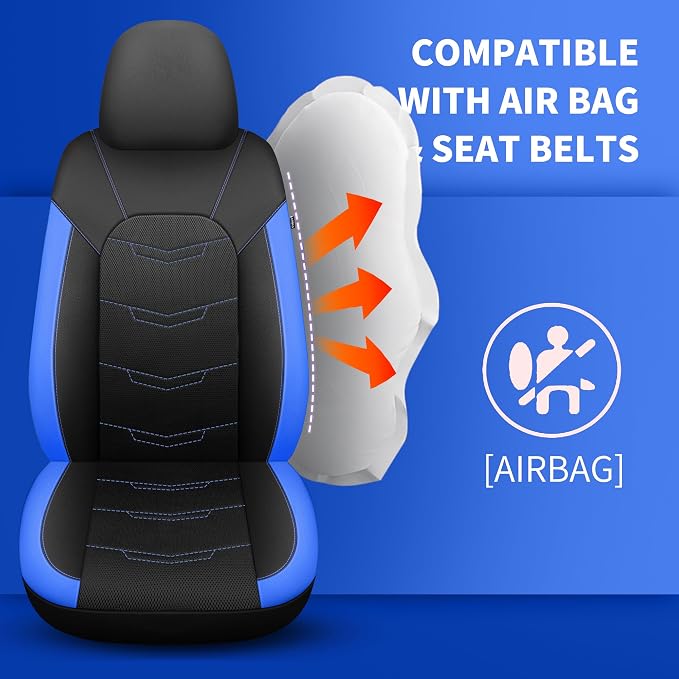 HChengkikz Front Car Seat Cover, Breathable and Sporty (Black + Blue) | Leather, Universal Fit for Most SUVs, Cars, Sedans, Trucks, Airbag Compatible, Easy to Install