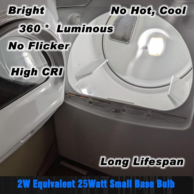 Dryer Light Bulb E12 Candelabra Base 2W 300lm 6000K Daylight White, 2 Pack | 10W 25W 40W Equivalent, AC120V, WE05X20431 WP22002263 Appliance Dryer Drum Water Ice Dispenser Refrigerators Bulb