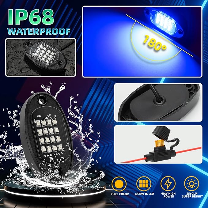 10 Pods RGB LED Rock Lights for Jeeps Trucks Golf Cart Offroad ATV UTV RZR SXS, Waterproof Multicolor Underglow Kit with Dual Zone Brake, Neon Underbody Light with App Remote Control Music Sync 12V