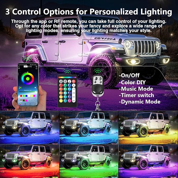 10 Pods RGB LED Rock Lights for Jeeps Trucks Golf Cart Offroad ATV UTV RZR SXS, Waterproof Multicolor Underglow Kit with Dual Zone Brake, Neon Underbody Light with App Remote Control Music Sync 12V
