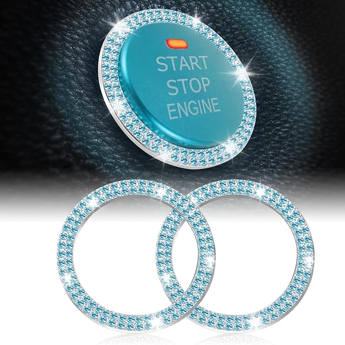 LivTee Car Engine Start Stop Decoration Ring, Crystal Double Rhinestone, Bling Car Interior Accessories for Women, Key Ignition & Knob Bling Ring, Push to Start Button Cover/Sticker, Cyan