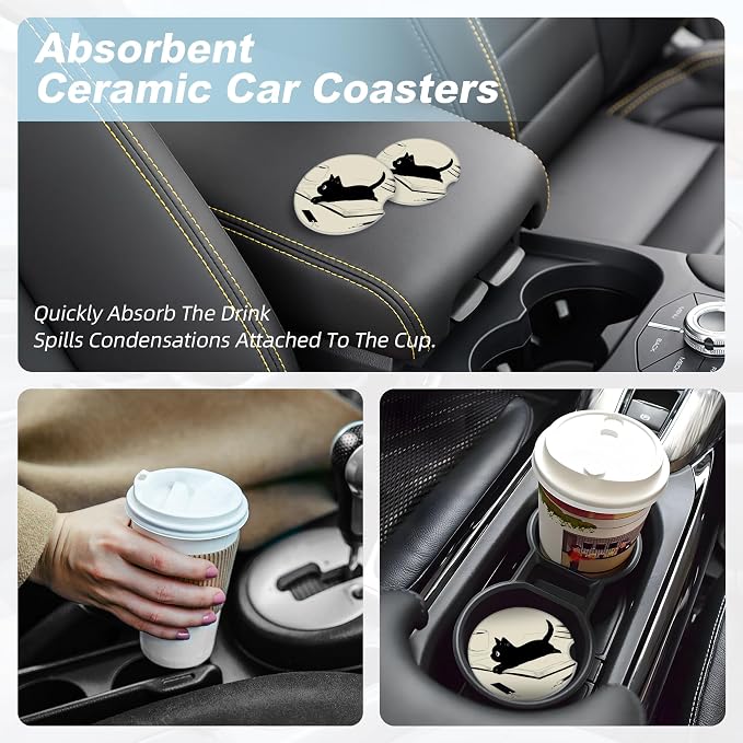 Kawaii Anime Black Cat Car Coasters for Cup Holders,2 Pack Car Cup Holder Coasters for Car,Ceramic Absorbent Car Coaster with A Finger Notch and Cork Base,Car Interior Accessories for Women Men