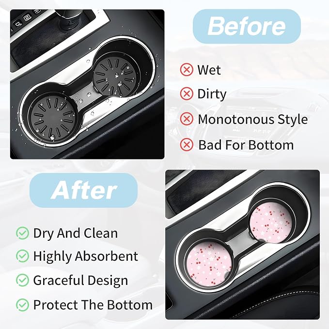 Pink Cherry Car Coasters for Cup Holders,2 Pack Car Cup Holder Coasters for Car,Ceramic Absorbent Car Coaster with A Finger Notch and Cork Base,Car Interior Accessories for Women Men