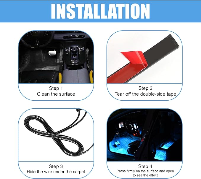 Car LED Strip Light, 48 LED 12V USB Port, Ice Blue | RGB Neon Auto Interior Atmosphere Lights, Under Dash Ambient Night Light, Universal Decorative Lamp Accessory for Car Truck