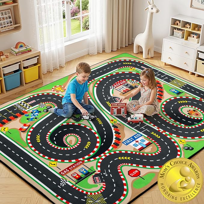 Kids Rug, 3x5 Ft Race Track Car Rug for Kids – Extra Thick 0.4in Soft Non-Slip Racing Car Carpet Play Mat with 3D Track Design for Toy Cars, Playroom, Bedroom & Living Room