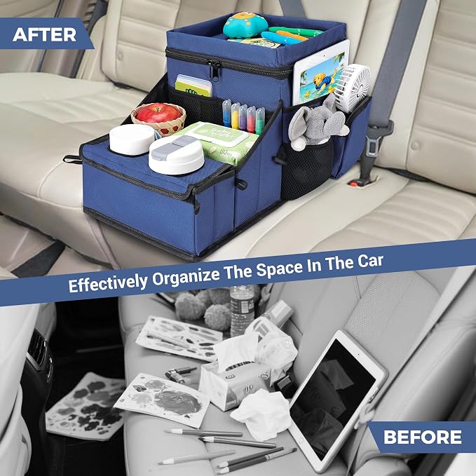 COOLBEBE Car Seat Organizer, Backseat Car Organizer with Cup Holders for Kids and Adults Travel, Cooler Compartment Passenger Seat Organizer Storage Box for Front or Middle Seat, Navy Blue
