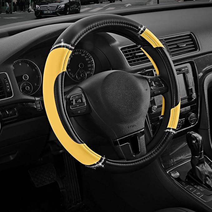 Road Comforts Leather Steering Wheel Cover - Made with PVC Leather - Anti-Slip, Universal Fit 14 1/2 inches to 15 inches - Yellow