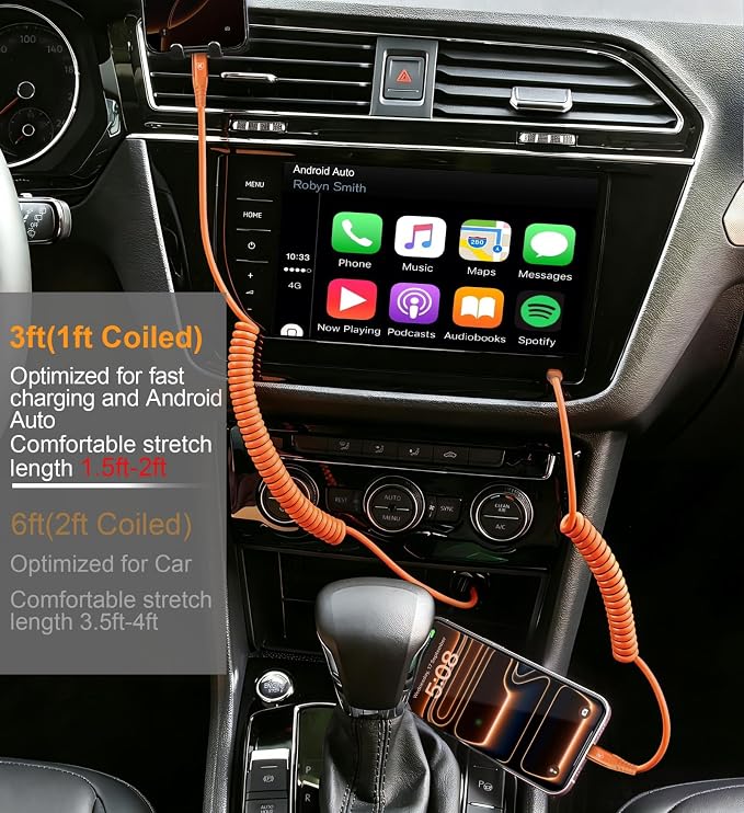 USB C to C Cable 3FT, 2Pack Coiled USB C Fast Charging Cable for CarPlay | iPhone USB-C Cable/Android Auto USB C Cord, USB Type-C Cable for iPhone 17/16/15/Pro Max/Plus/Galaxy S26 S25 and More-Orange