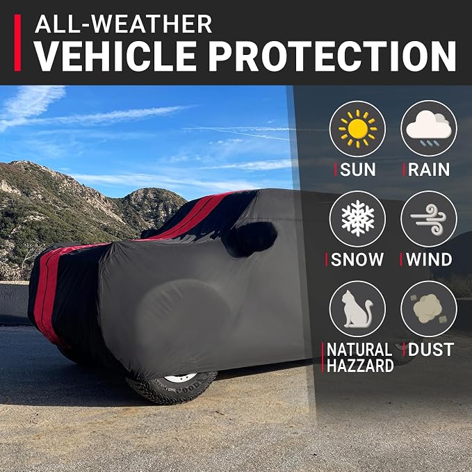 iCarCover Premium Heavy Duty SUV Car Cover - Waterproof All Weather Rain Snow UV Protection, Excursion, Navigator L, Escalade ESV, Suburban, Yukon XL, Size S58 (See Size Chart), Stripe - Black/Red