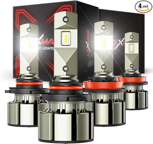 Laxmas 9005 H11 LED Bulbs Combo Kit, 6X 96,000LM Ultra Brightness Bulbs with 6500K Cool White, 9005/HB3 H8/H9 Healight Bulbs with 12000RPM Cooling Fan, 50000+ Hours Lifespan, Plug and Play, Pack of 4