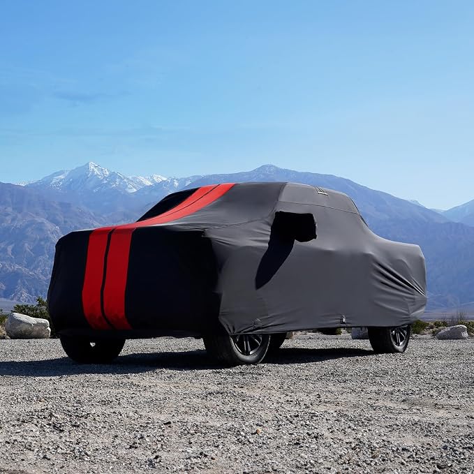 iCarCover Premium Heavy Duty Truck Car Cover - Waterproof All Weather Rain Snow UV Protection, Ram 1500, 2500, 3500, Silverado, Sierra 2500HD, 3500HD, Size T79 (See Size Chart), Stripe - Black/Red
